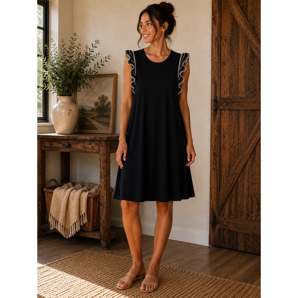 LOFT Womens XS Black Ruffle Shoulder Stripe Trim Jersey Knit Swing Dress P125